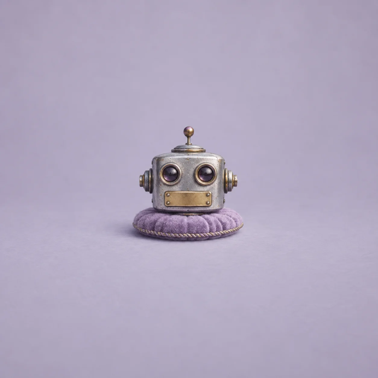 A small metal robot head with round eyes and a blank brass plate rests on a purple cushion.
