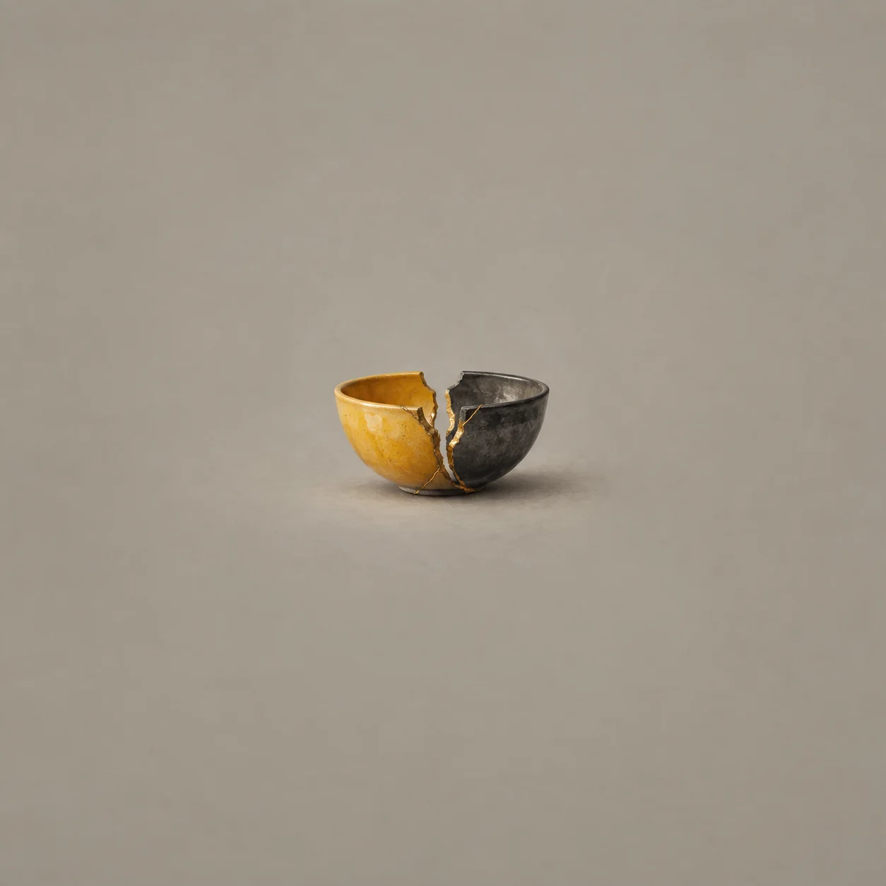 A ceramic bowl split into a saffron half and a charcoal half joined by a gold seam on a grey background.