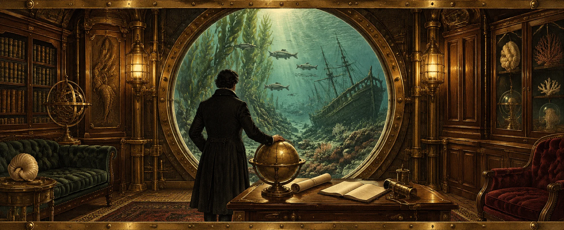 A man in a frock coat stands at the huge round window of a brass-and-mahogany submarine salon, a sunken ship in the green water beyond.