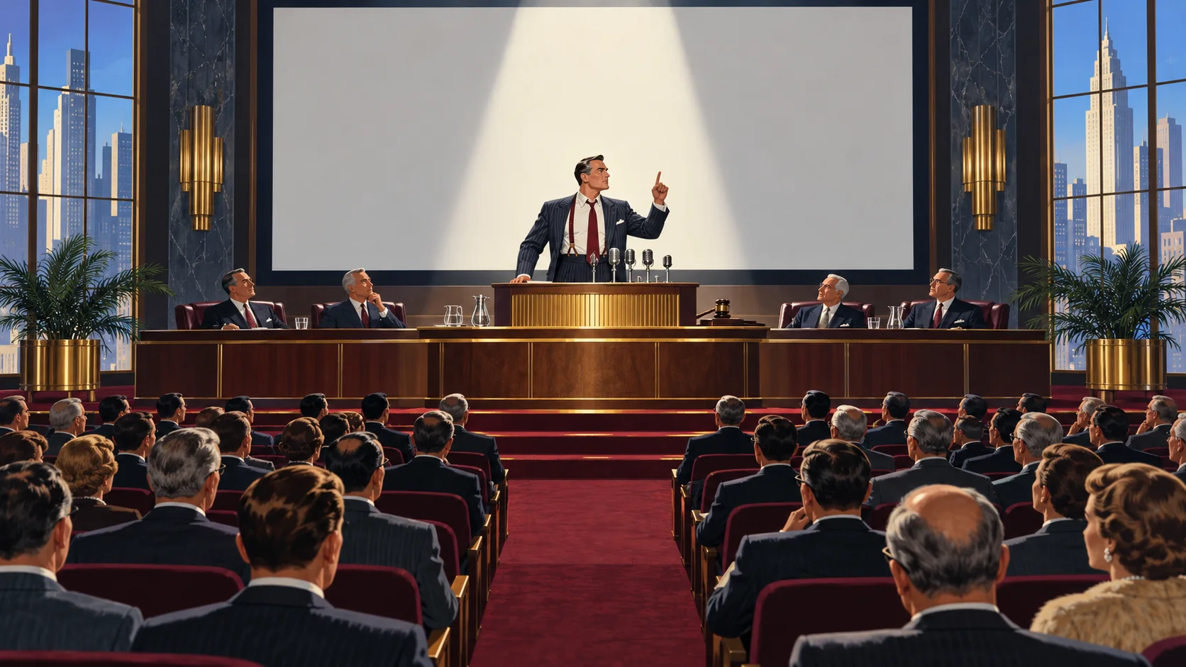 A slick-haired man in braces points a finger from the lectern of a vast shareholders' meeting packed with people in suits.