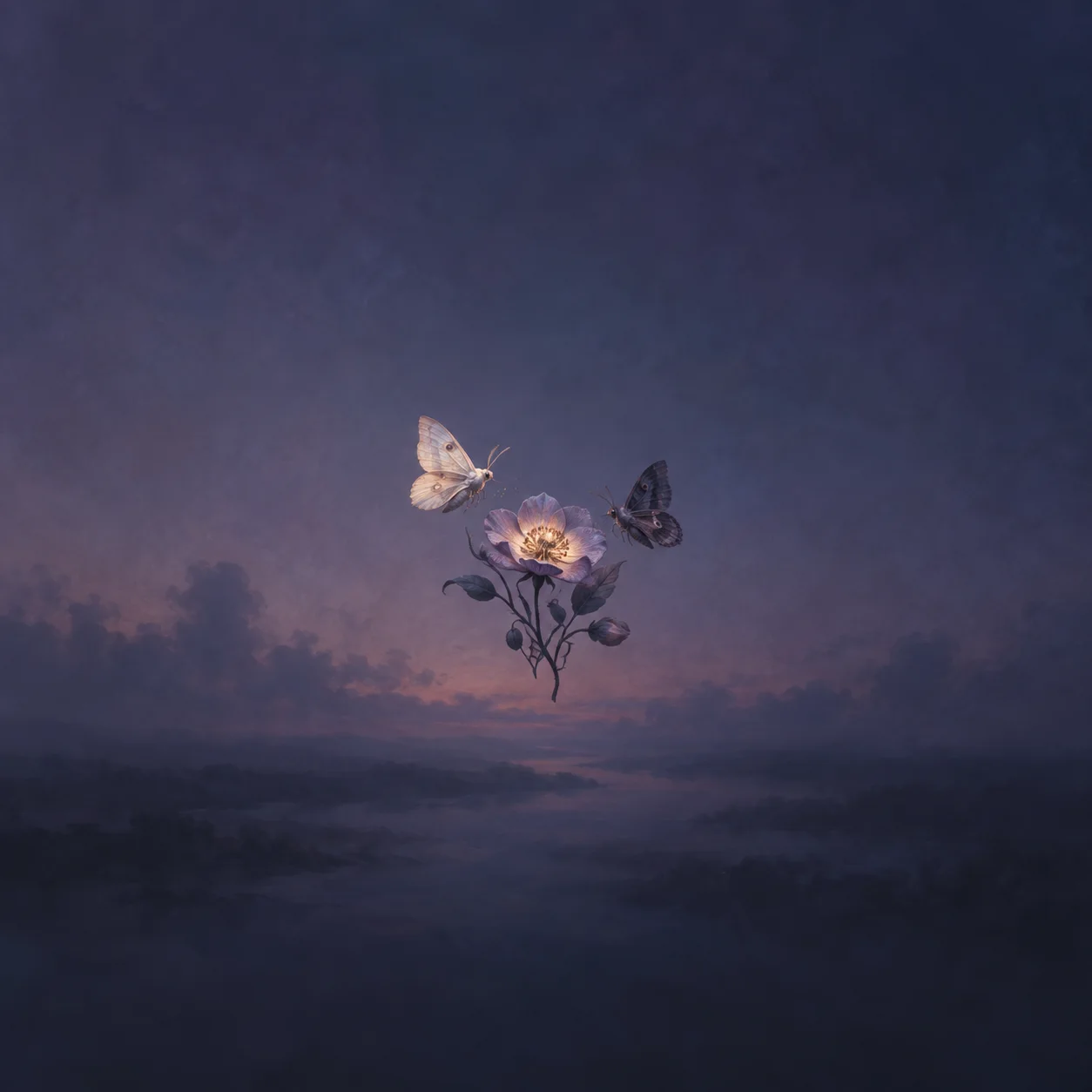 Painterly pale and dark moths beside a flower above a violet twilight landscape.