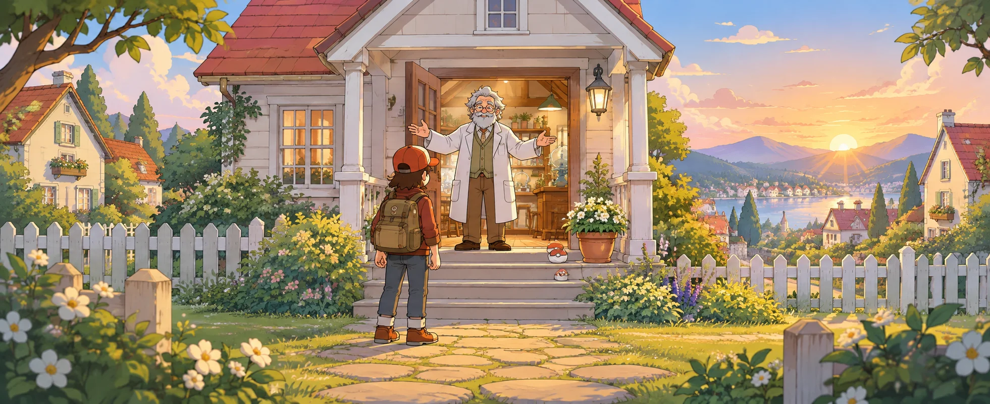 An old professor welcomes a young traveller with a backpack at the door of his country lab at sunset.