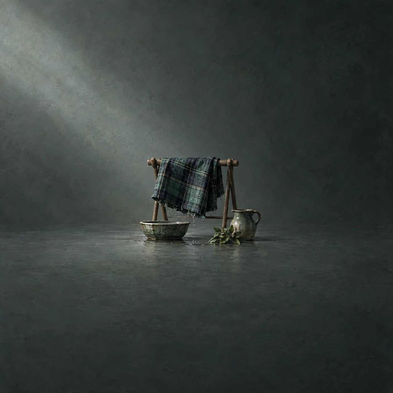 A blue-green tartan cloth hangs over a wooden rack beside a metal bowl, jug and leafy sprig.