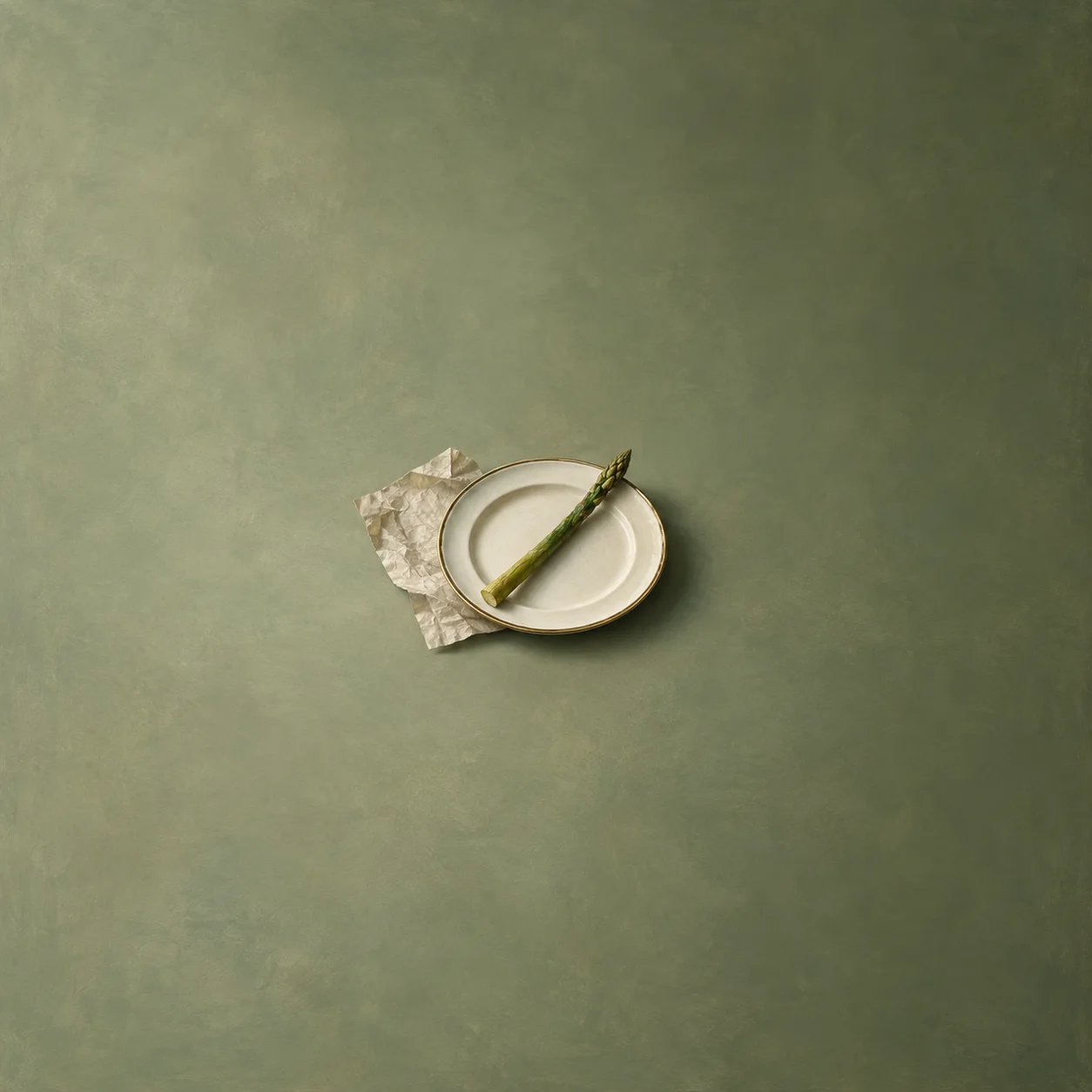 A single green asparagus spear lies diagonally across a white plate over crumpled paper on olive ground.