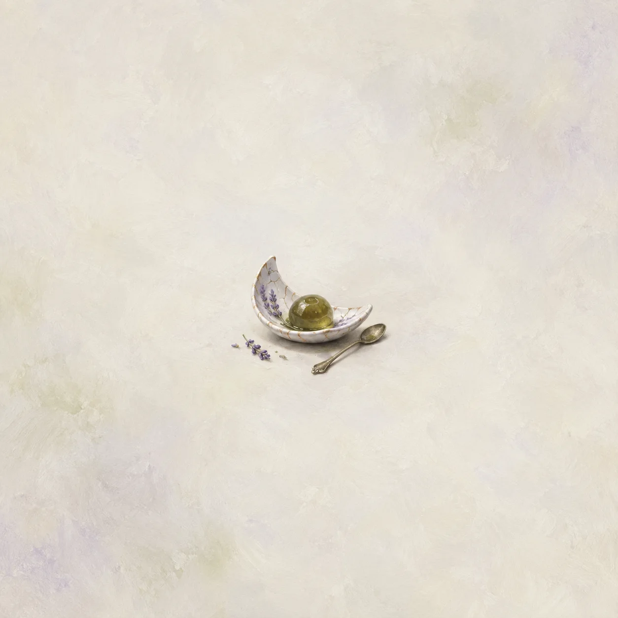 A green jelly-like ball sits in a broken floral cup beside a small spoon and scattered purple fragments.