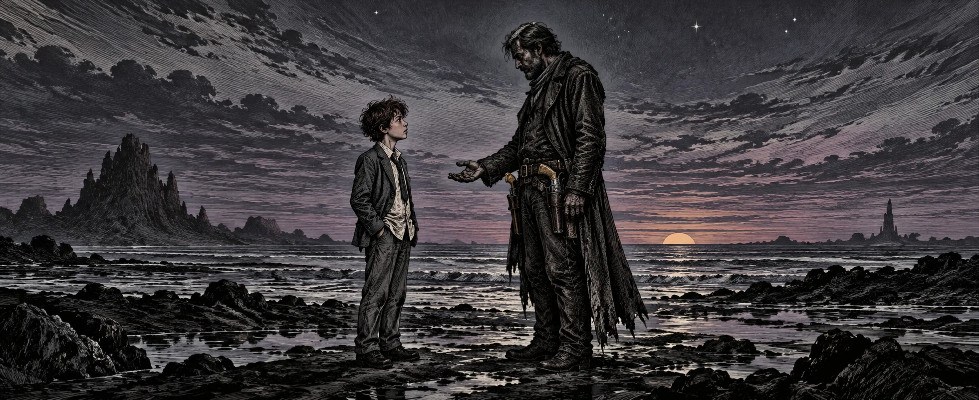 A weathered gunslinger holds out a hand to a boy in a grey school blazer on a bleak rocky shore at dusk.
