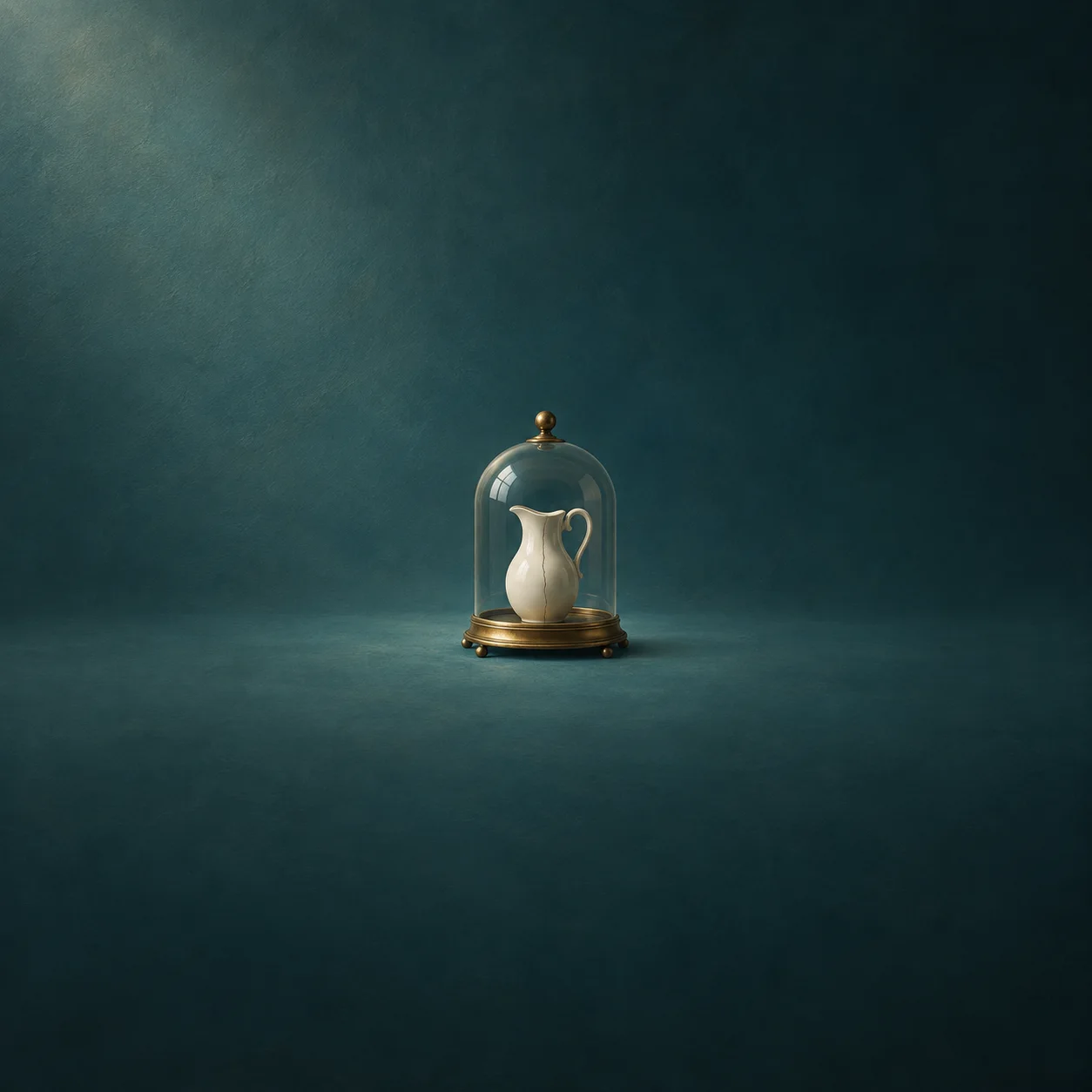 A white pitcher beneath a glass dome with a brass base and finial against a dark teal background.