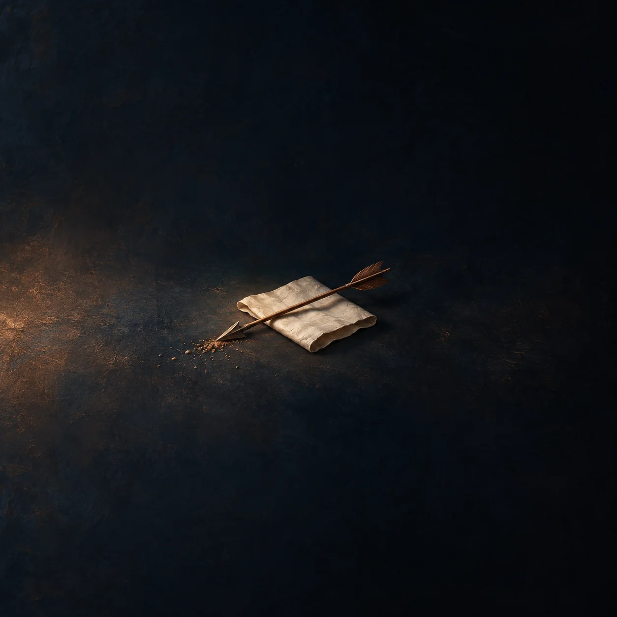 A small wooden arrow lies diagonally across folded blank paper on a dark blue surface scattered with fine dust.