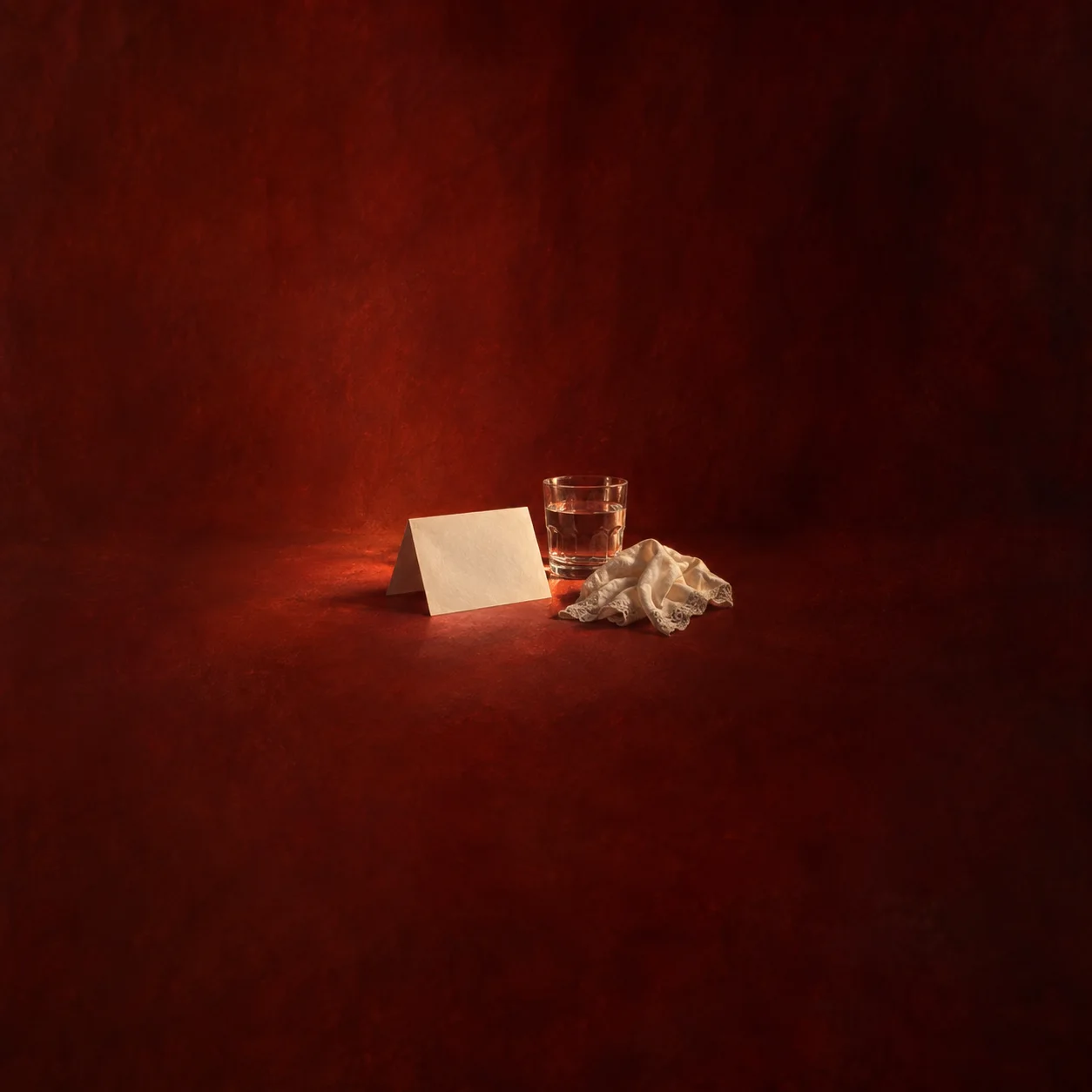 A blank folded card, clear glass and crumpled pale cloth rest together against a deep red background.