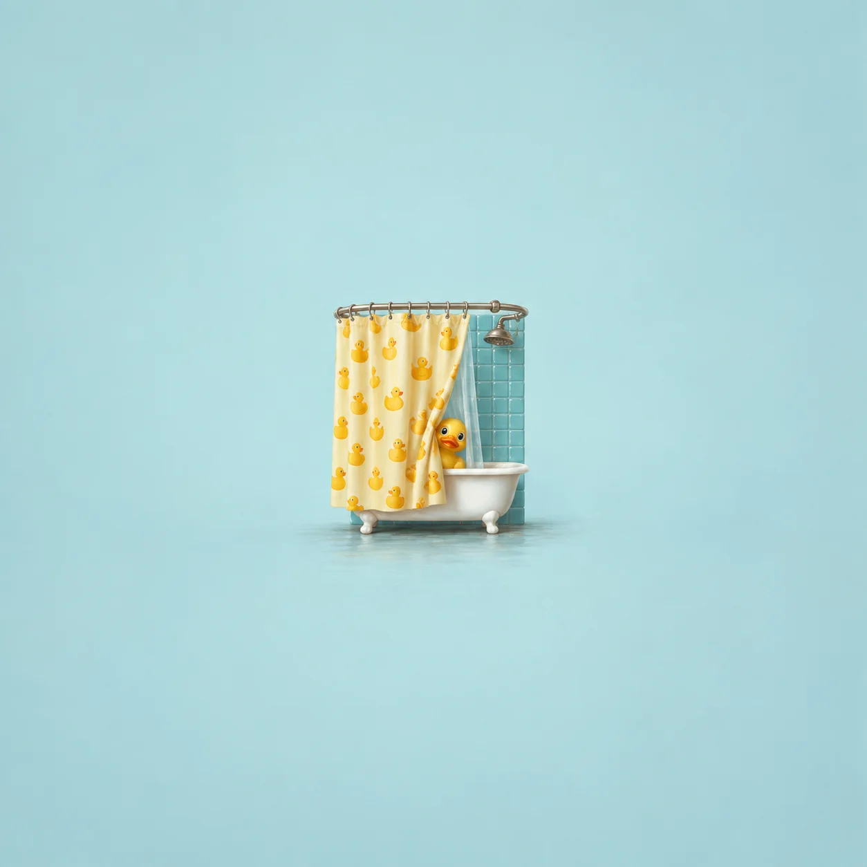 A tiny bath beneath a duck-patterned shower curtain, with a yellow rubber duck peeking out beside aqua tiles.