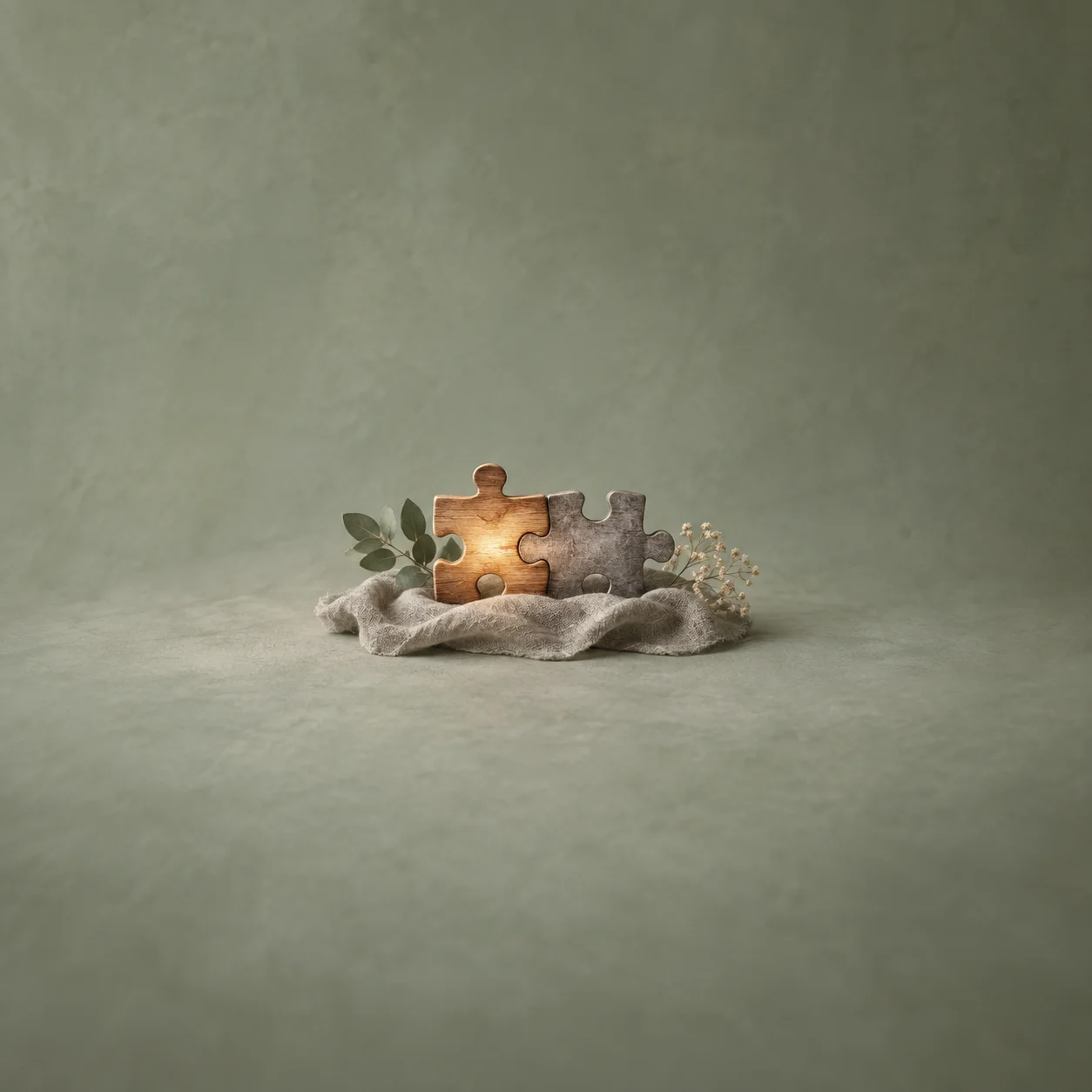 Painterly two joined puzzle pieces, one amber and one grey, resting on pale cloth.