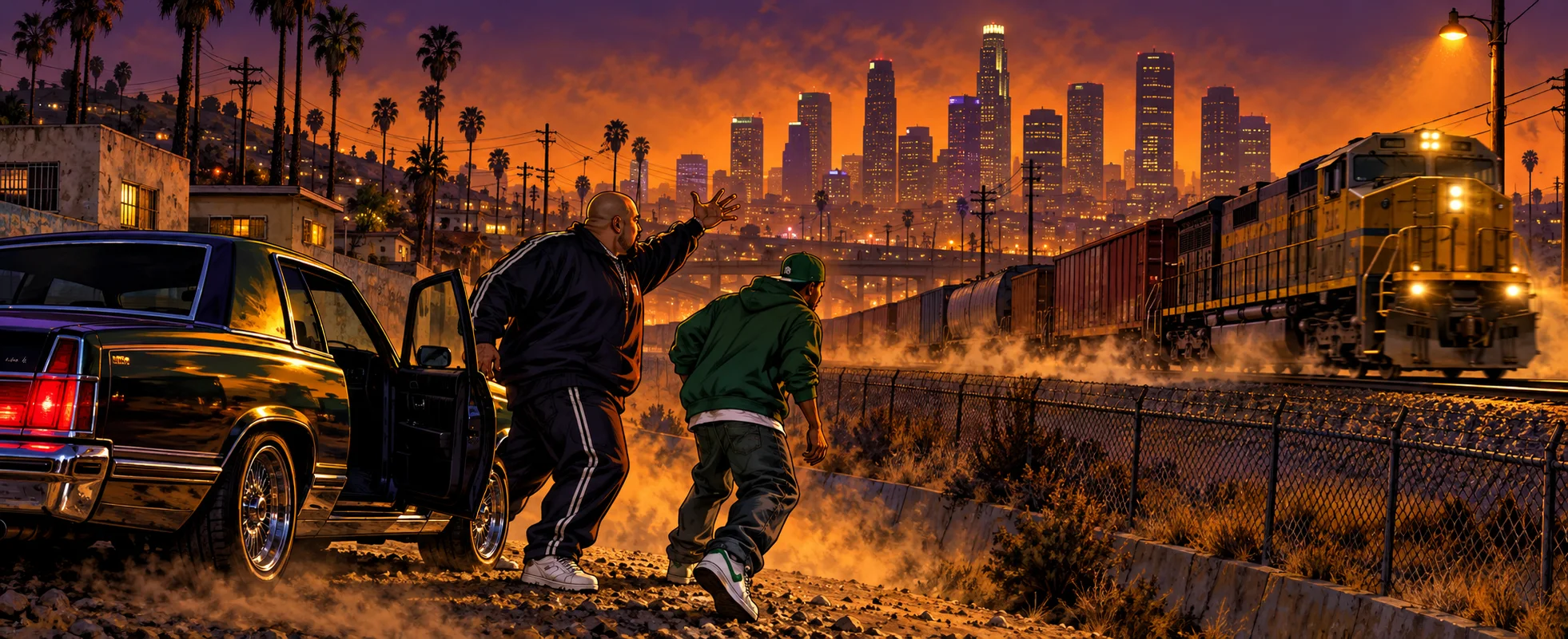 A heavyset man in a dark tracksuit throws up his arm in fury beside a young man in green as a freight train pulls away along a Los Santos rail line at dusk.