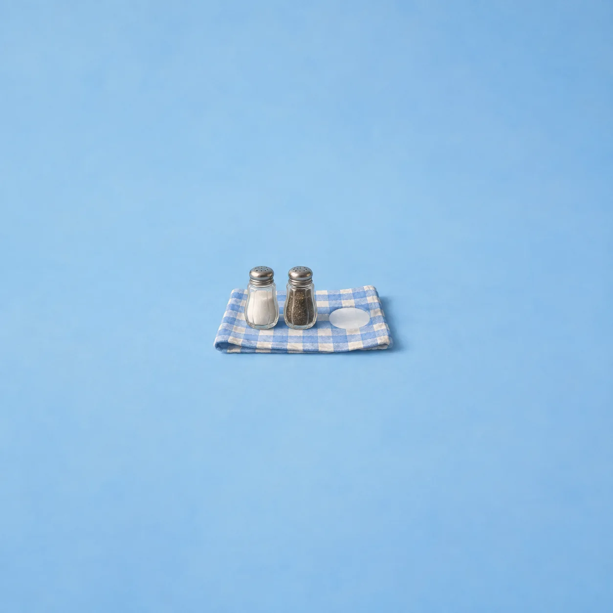 Salt and pepper shakers stand beside an empty white dish on a blue-and-white checked napkin.