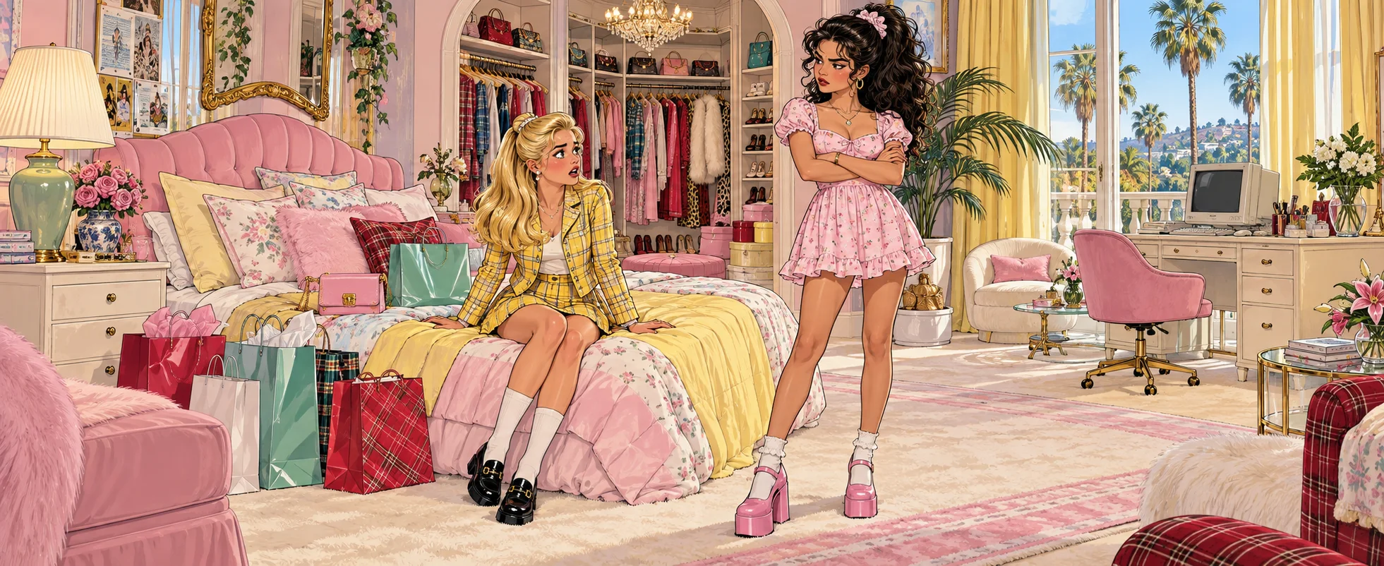A blonde girl in a yellow plaid suit sits stunned on her bed among shopping bags as her dark-haired friend stands over her, arms folded.