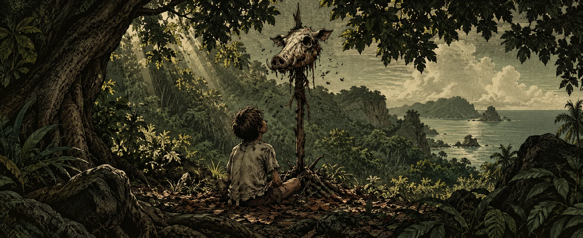 A small boy sits alone in a sunlit jungle clearing before a pig's head on a sharpened stick, the sea and islands beyond.