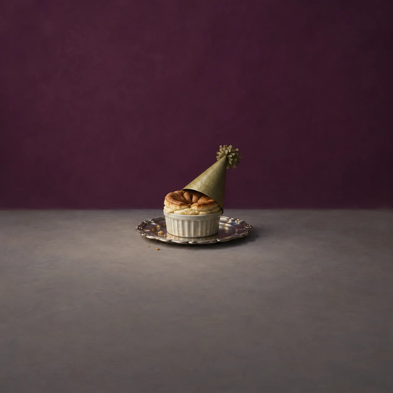 A sunken souffle in a pale ramekin wears a tilted green party hat on a silver tray against plum.