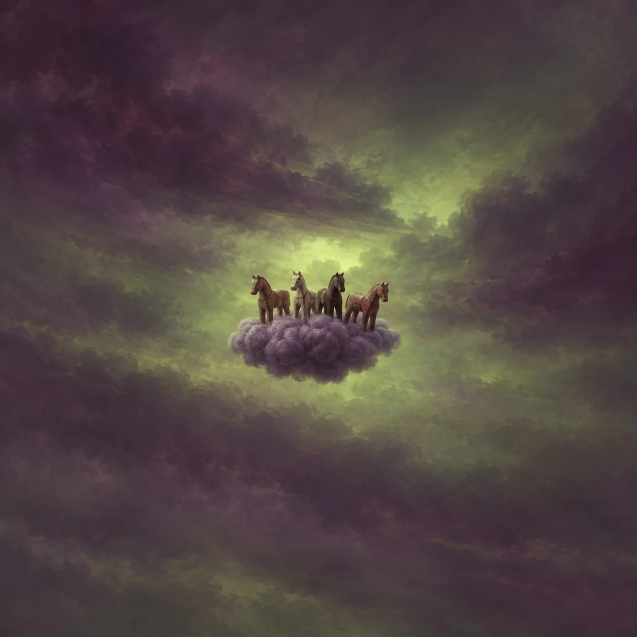 Four small wooden toy horses stand on a plum-coloured wool cloud beneath a streaky acid-green sky.