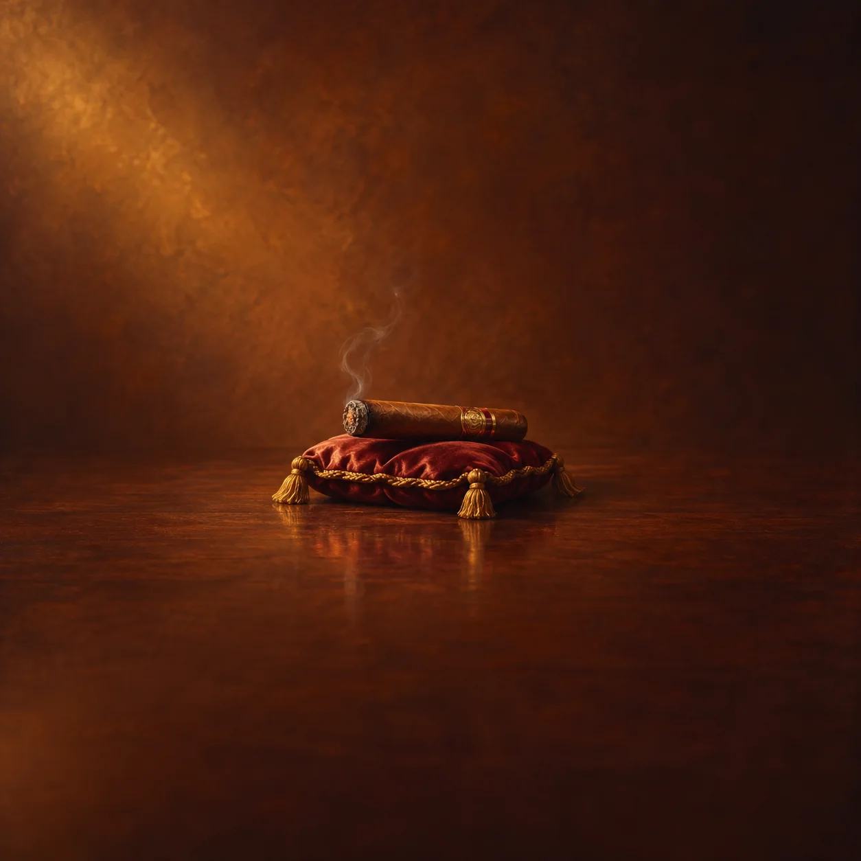 Painterly smoking cigar resting on a red silk cushion in warm light.