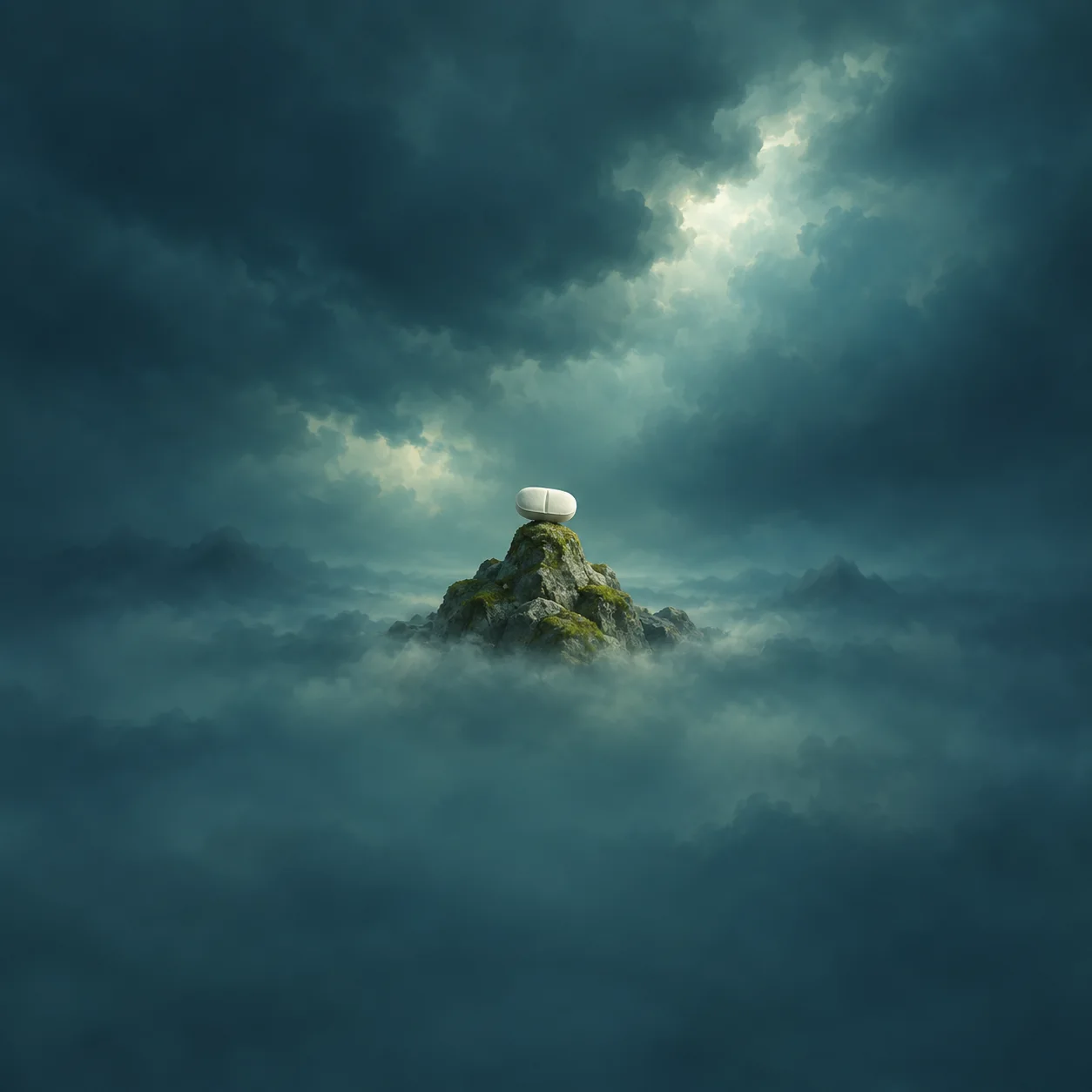 A white pill rests on the summit of a small mossy mountain amid mist and dark teal clouds.