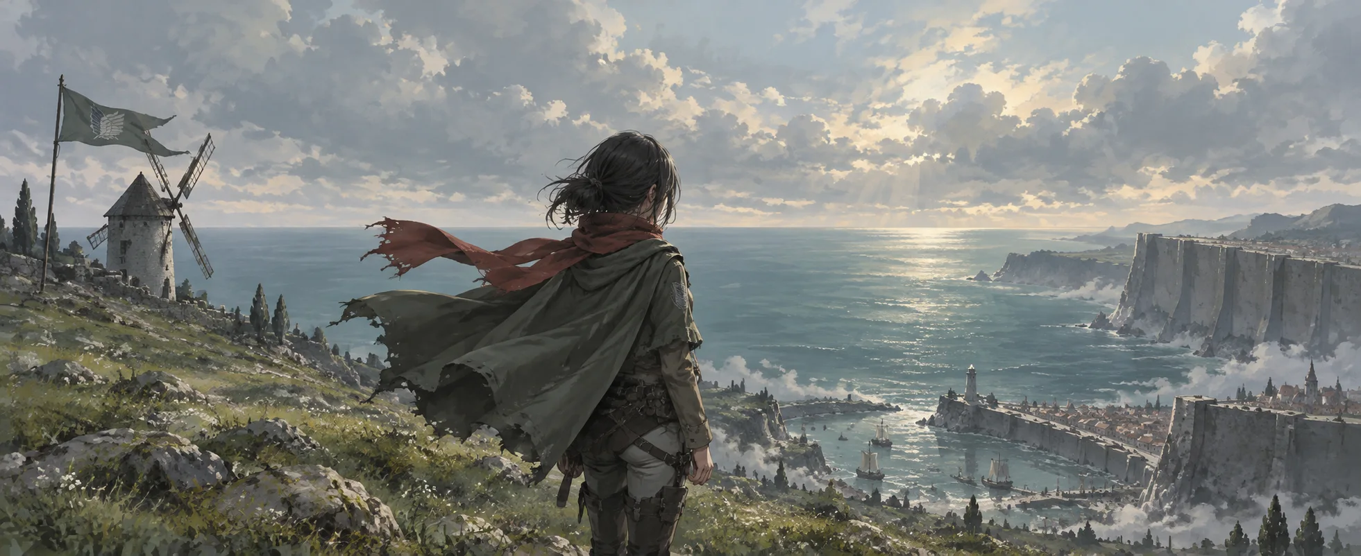 A girl in a red scarf and green cloak looks out from a grassy hill over a walled seaside town.
