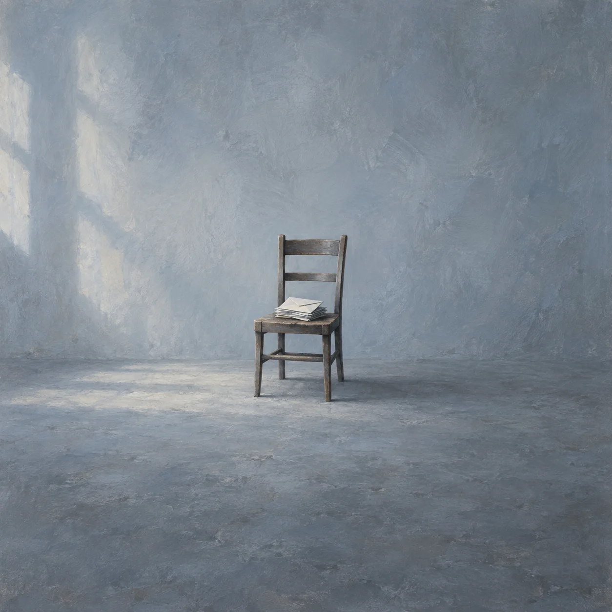 An empty wooden chair holds a small stack of cream envelopes in a cool blue-grey room.