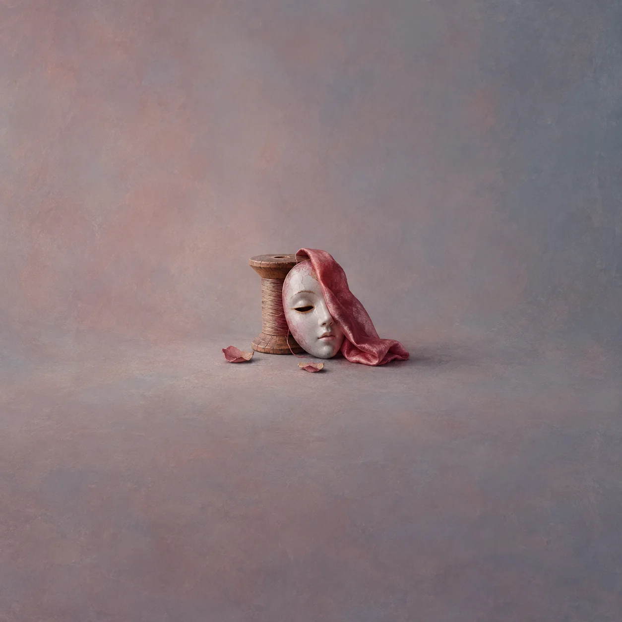A porcelain face mask partly covered in rose-red silk leans beside a wooden spool against grey-lilac.