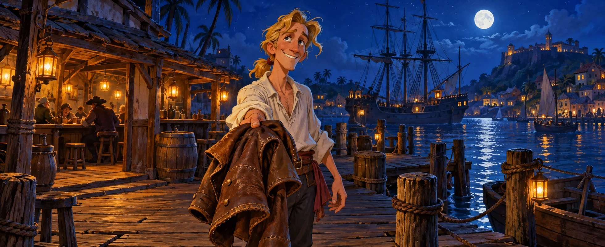 A gangly young would-be pirate holds out a leather jacket on a moonlit Caribbean dock.