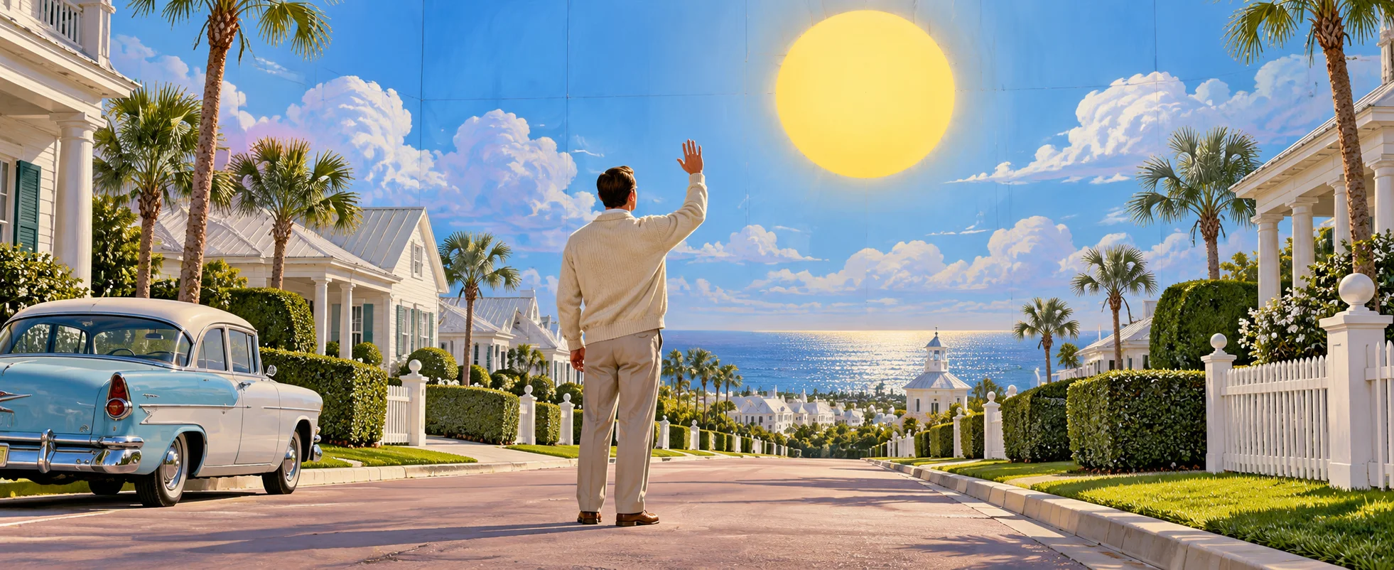 A man in a cream cardigan waves on a sunny, too-perfect seaside street of white houses and palm trees.