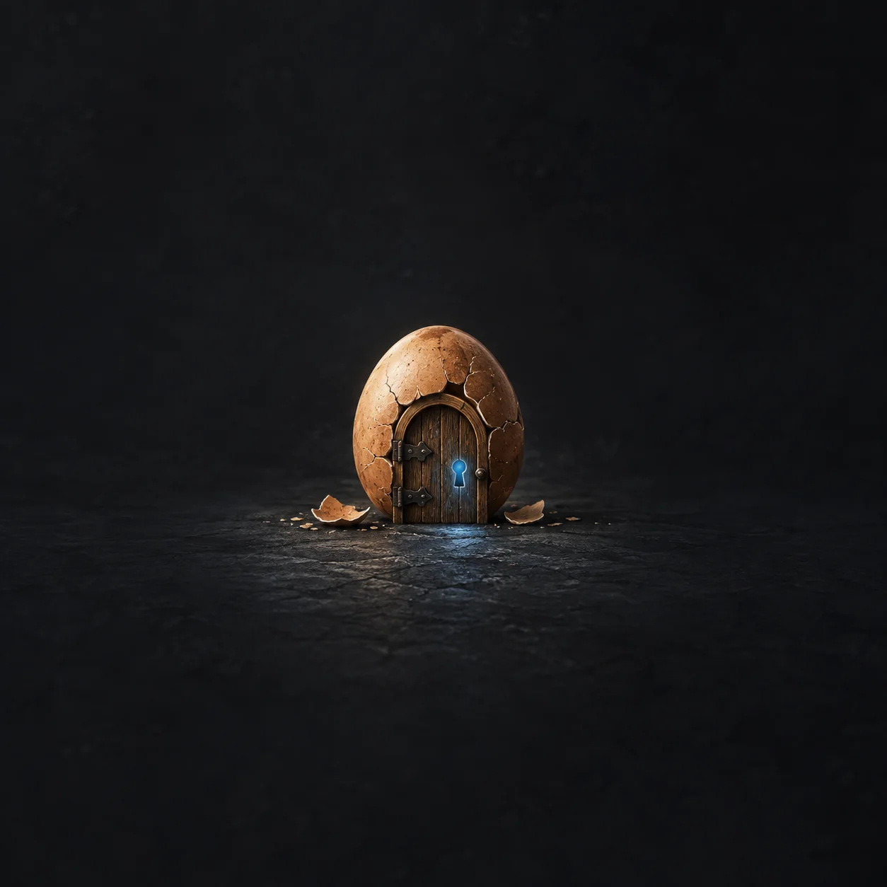 A tiny arched wooden door is set into a cracked eggshell, with blue light glowing from its keyhole.