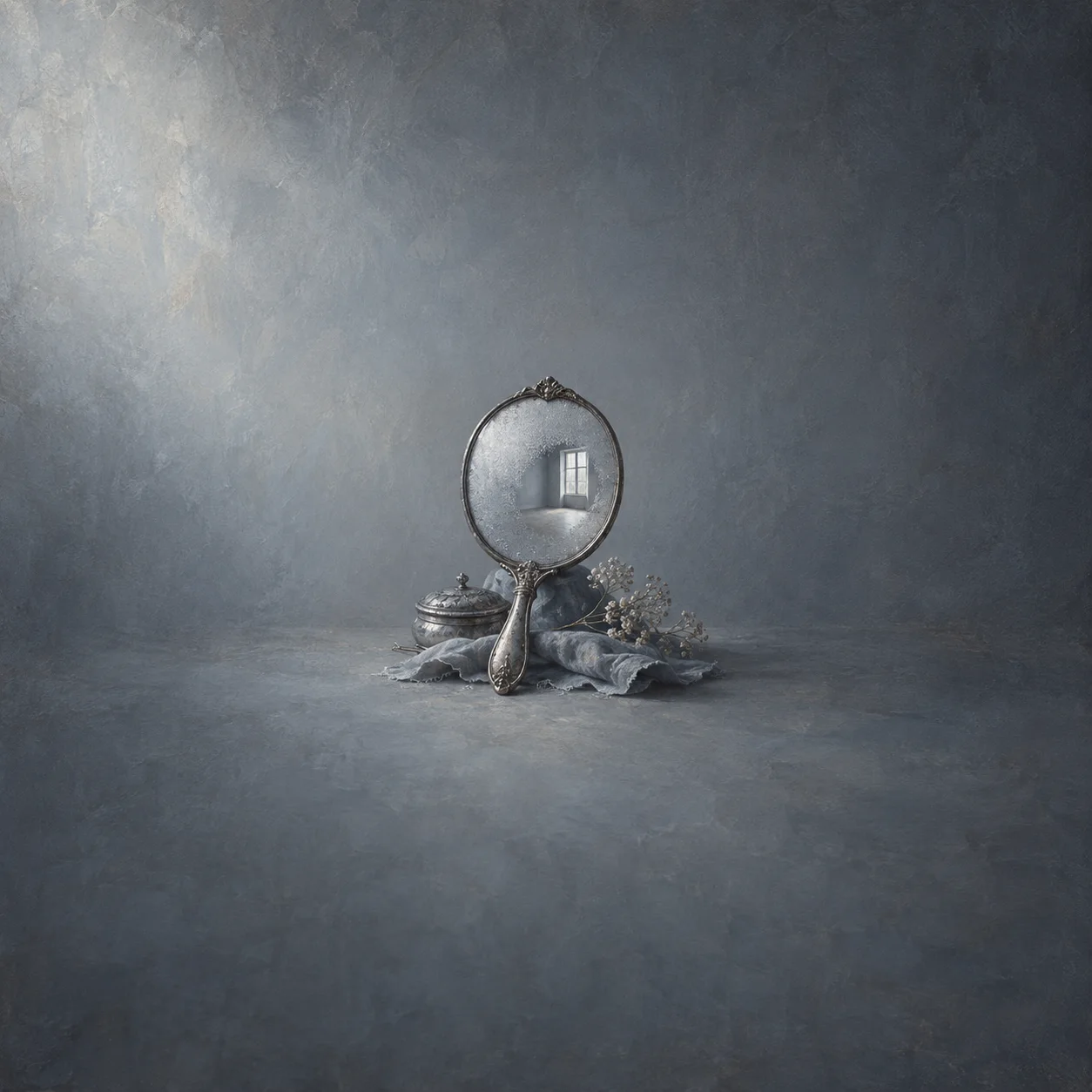 Painterly silver hand mirror reflecting a bright window beside a lidded vessel and rumpled grey fabric.