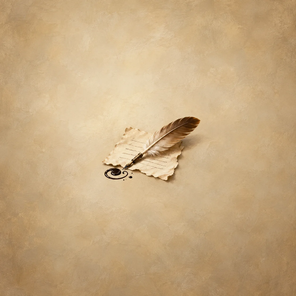 A brown quill lies across a torn handwritten paper scrap beside a dark ink spiral on warm cream ground.