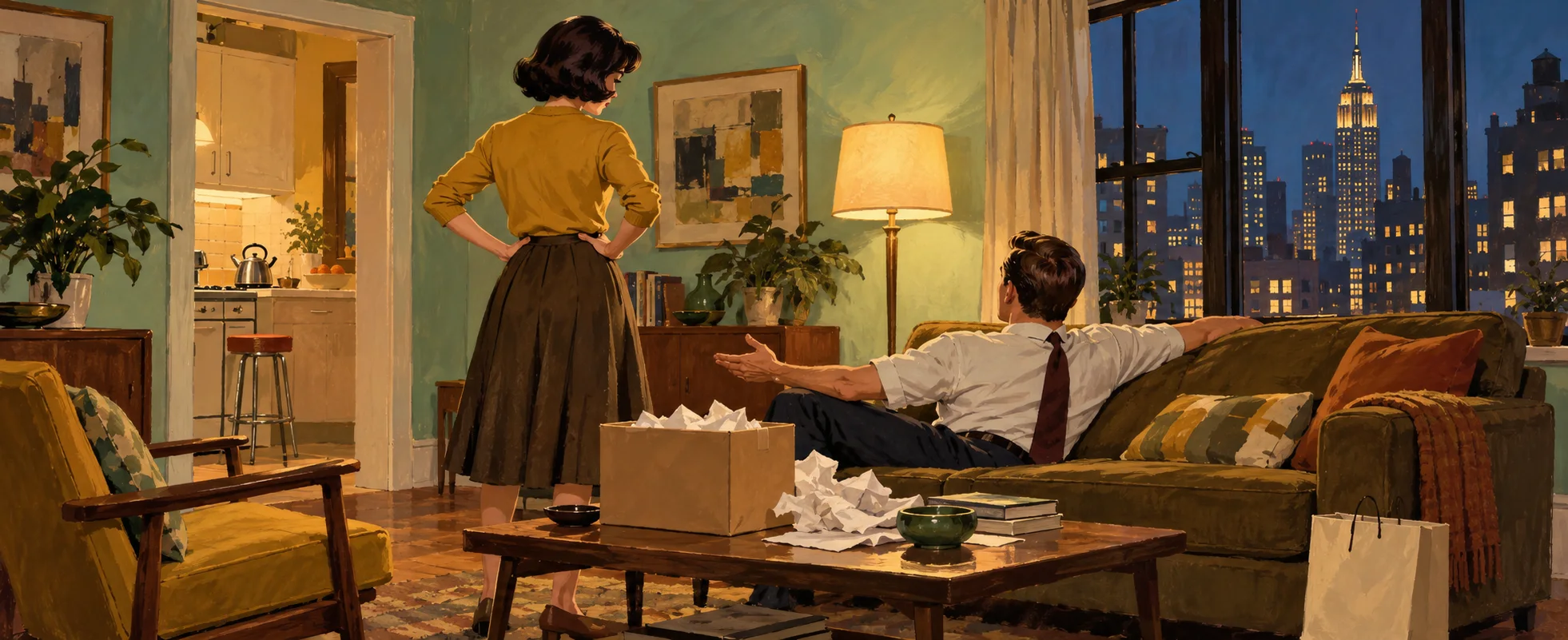 A woman with hands on hips faces a man lounging on a sofa in a 1990s Manhattan apartment at night.