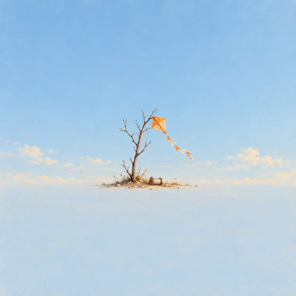 A small paper kite caught on a twig with a spool of thread on the ground.