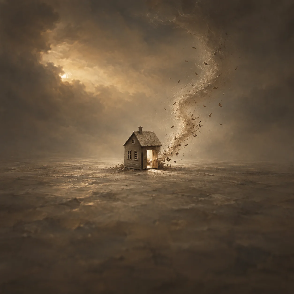 A small wooden house with an open glowing doorway stands beside a twisting column of windblown leaves in a stormy sepia landscape.