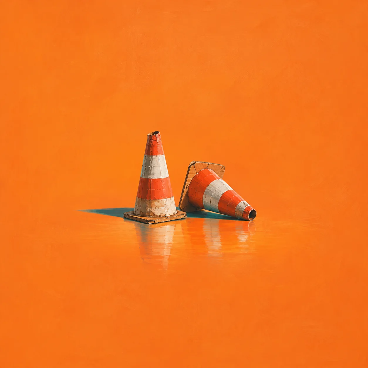Two orange and white traffic cones, one upright and one tipped over, rest on a glossy orange surface.