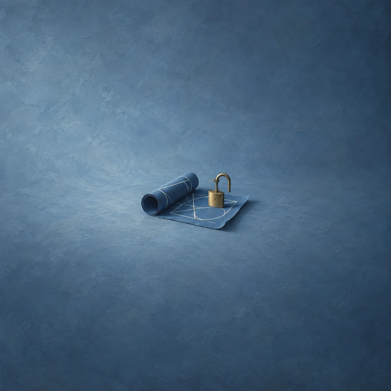 An open brass padlock rests on a partly rolled blue sheet marked with simple white lines.