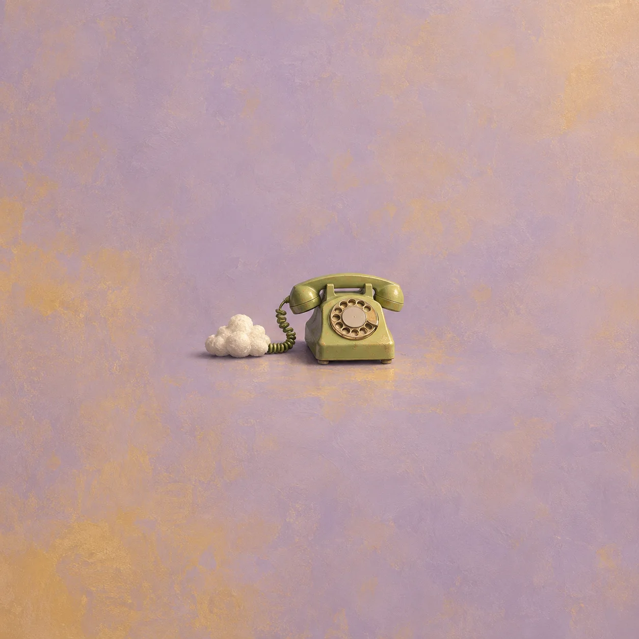 An olive-green rotary telephone sits beside a small white cotton cloud connected to its curled cord against lilac.