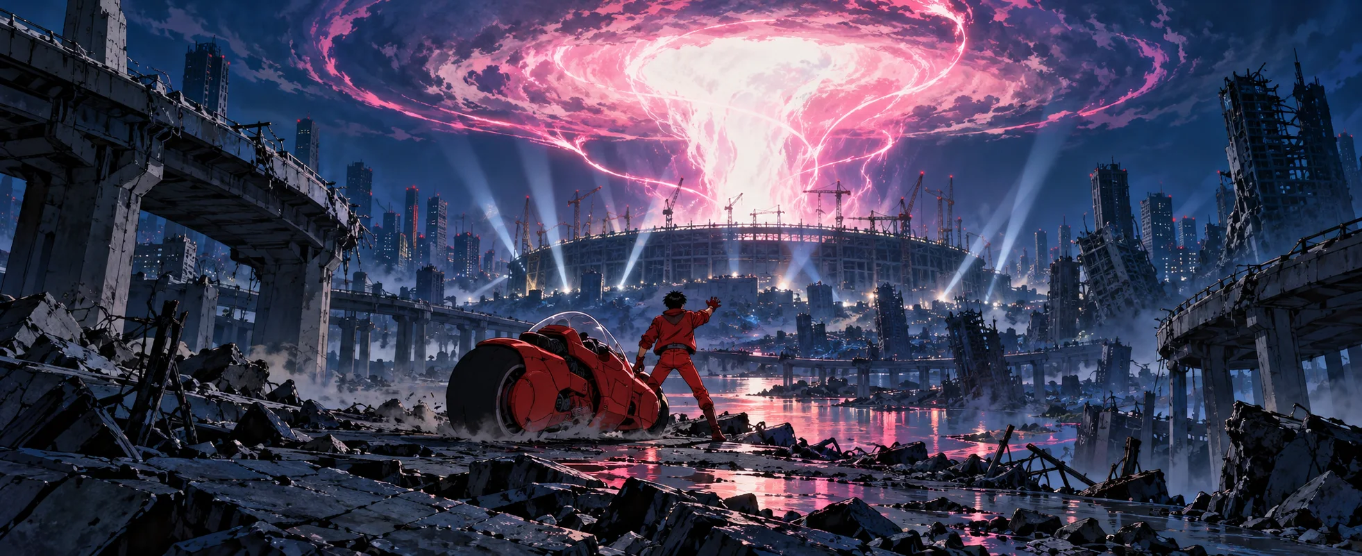 A young biker in red stands by his skidded red motorcycle in the rubble of a ruined neon city, shouting toward a pink storm of psychic energy erupting over a stadium.