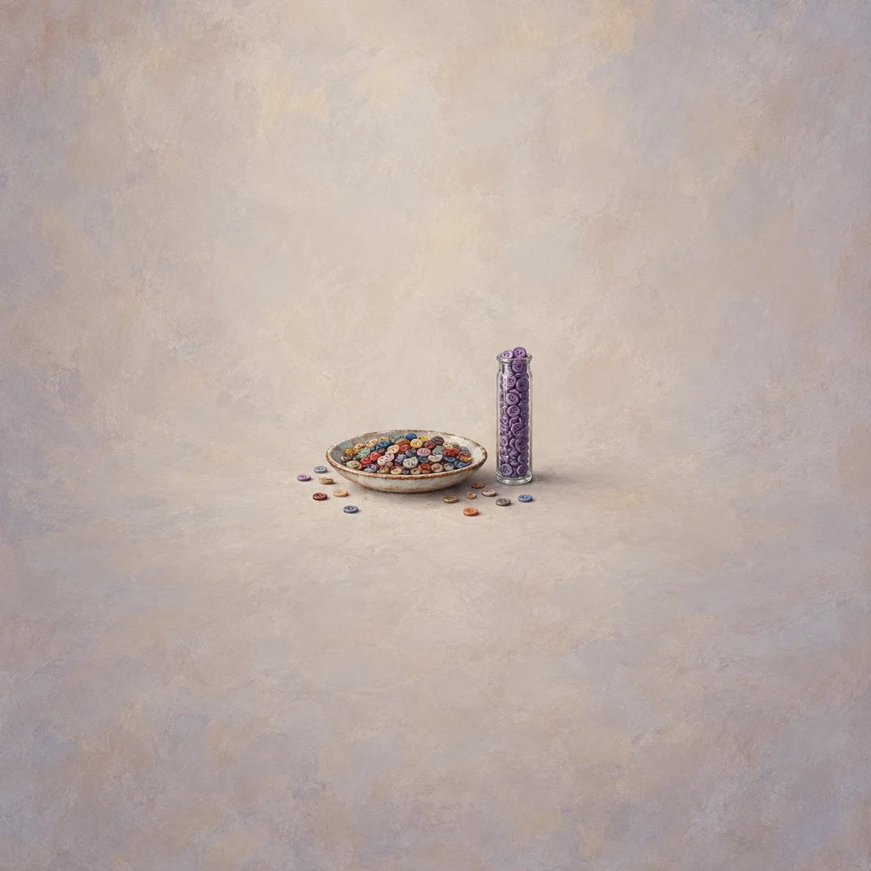 A wide dish of assorted colored buttons beside a narrow glass tube filled with violet buttons.