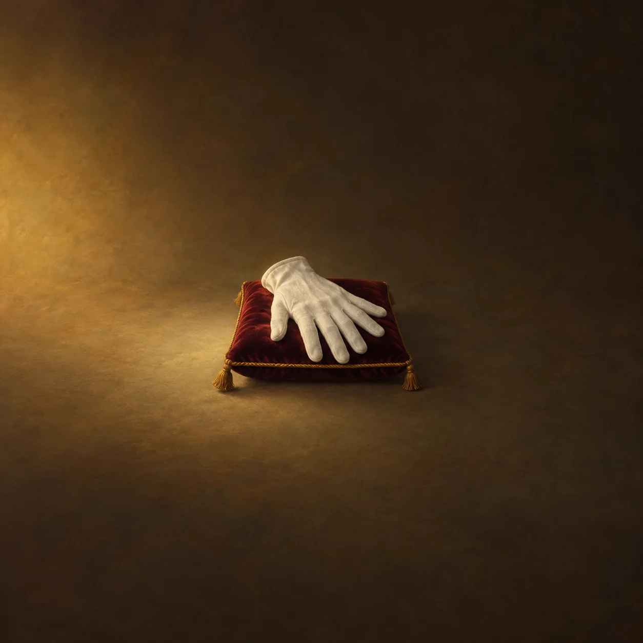 A pale glove rests on a small burgundy velvet cushion with gold trim.