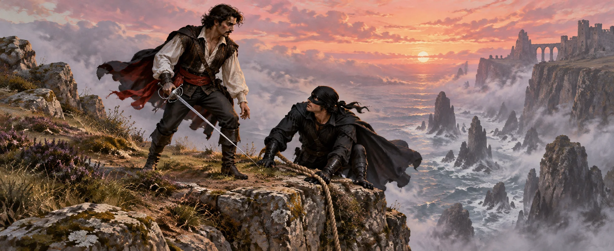 A Spanish swordsman waits on a clifftop at dawn as a masked man in black hauls himself up over the edge.