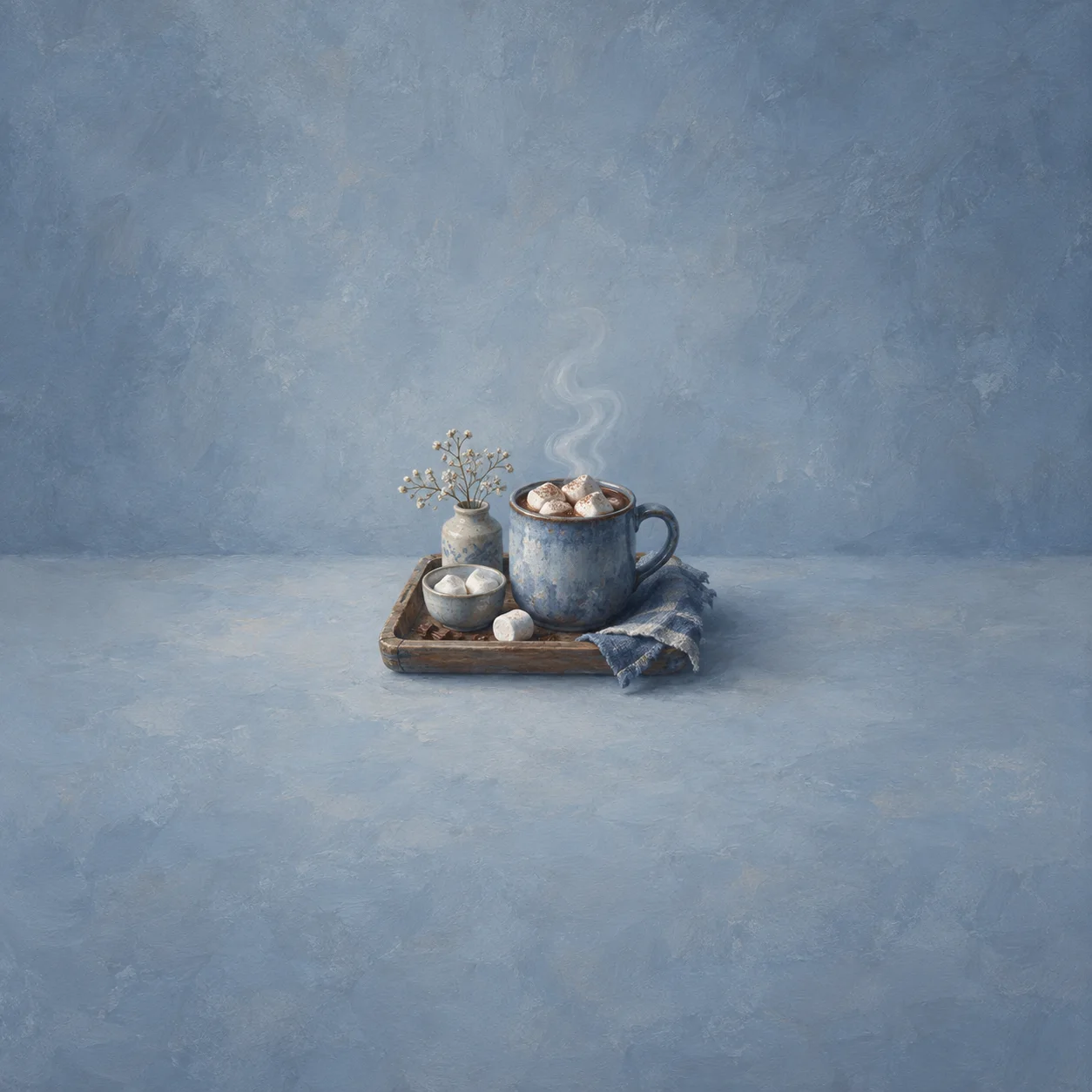A steaming blue mug topped with marshmallows sits on a wooden tray beside a small bowl, flowers and folded cloth.