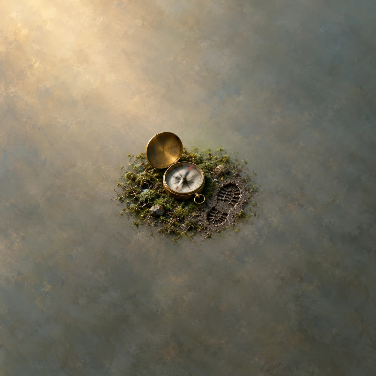 Painterly open brass compass on moss beside a muddy bootprint.