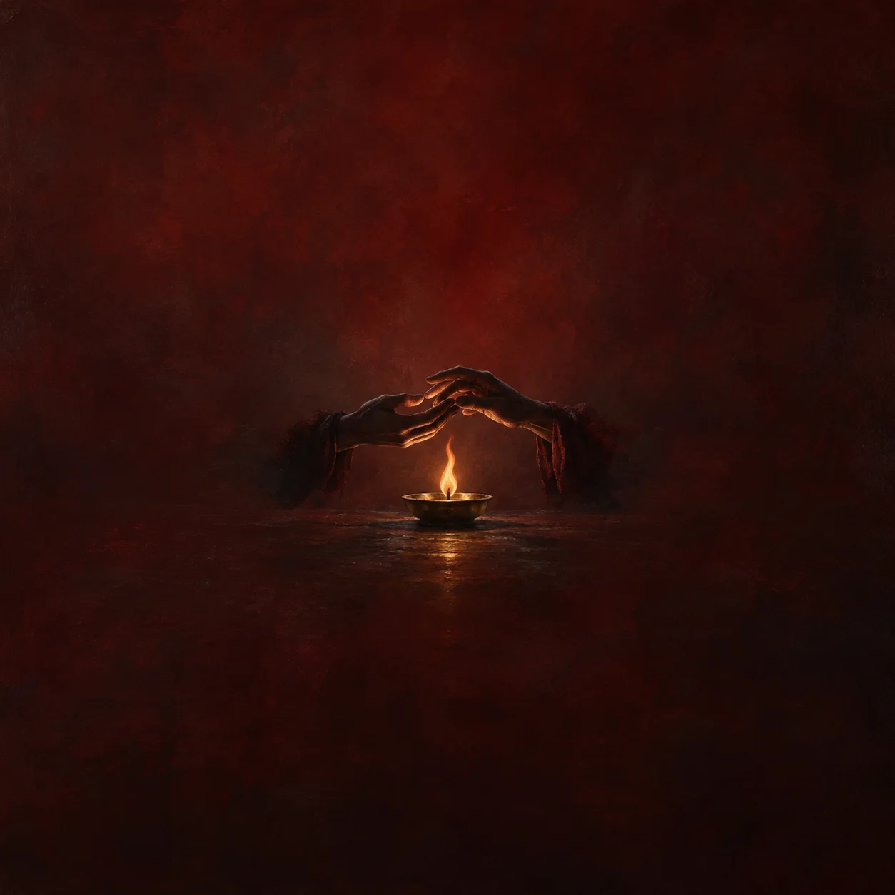 Painterly two dark hands reaching together above a small flame in a brass dish.