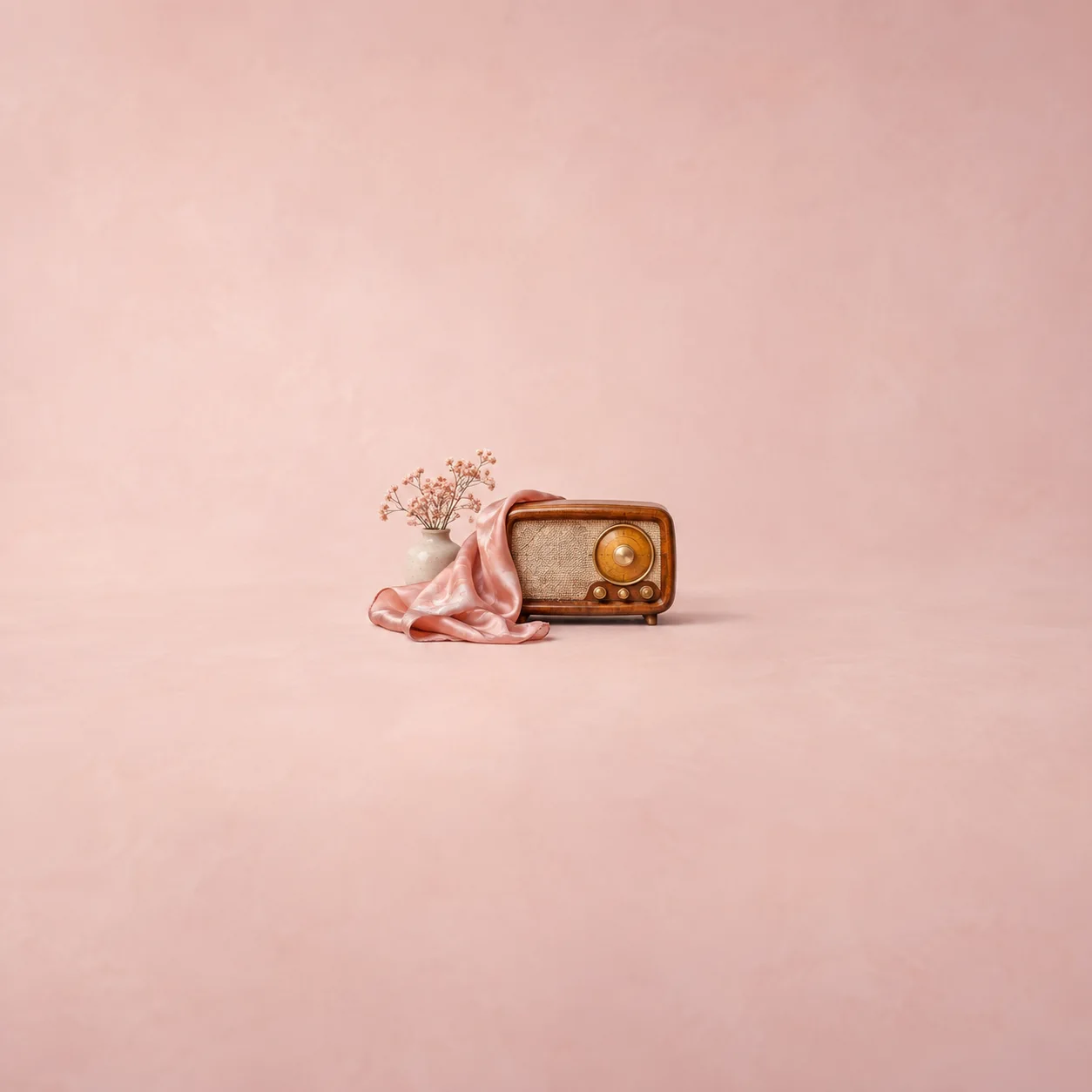 Painterly vintage tabletop radio beside a pink silk scarf and tiny flowers against blush pink.