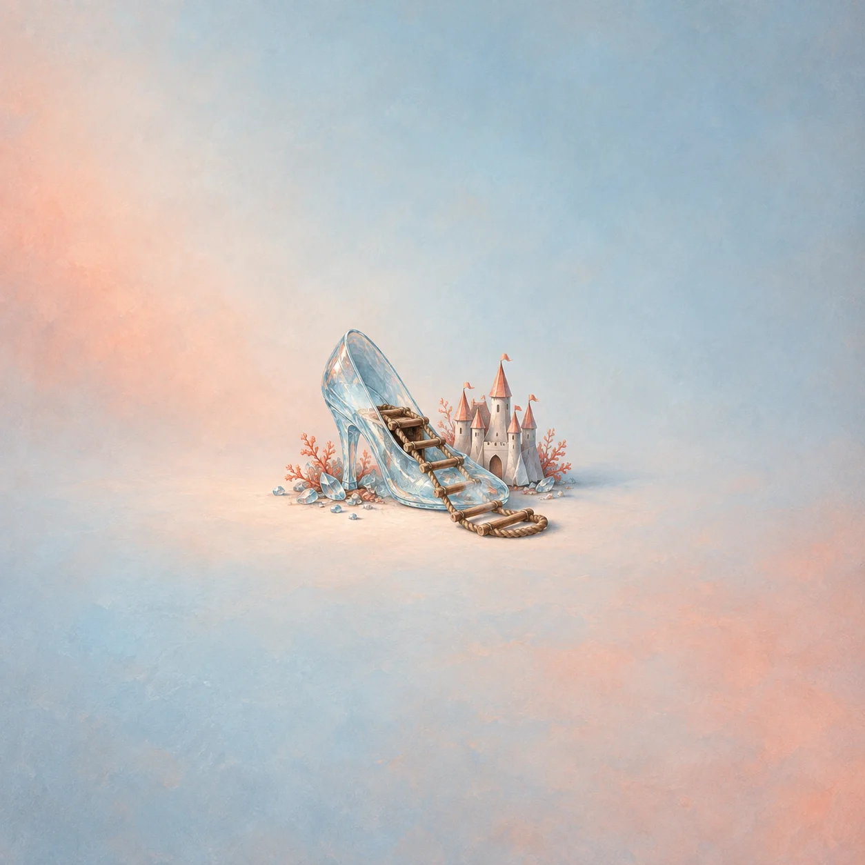 A rope ladder descends from a glass slipper beside a small pale castle with coral towers.