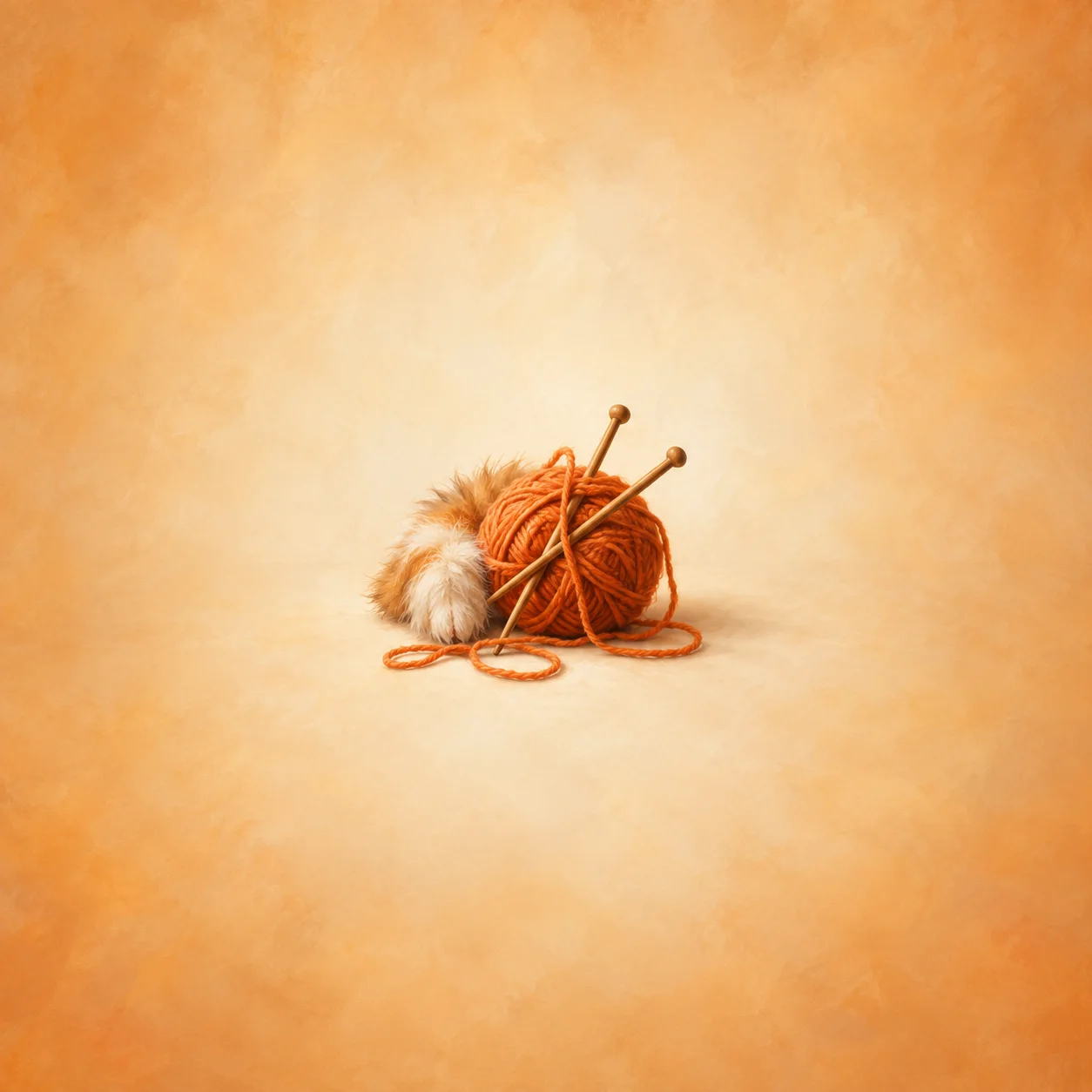 Painterly orange yarn with two knitting needles beside a tuft of soft tan fur.