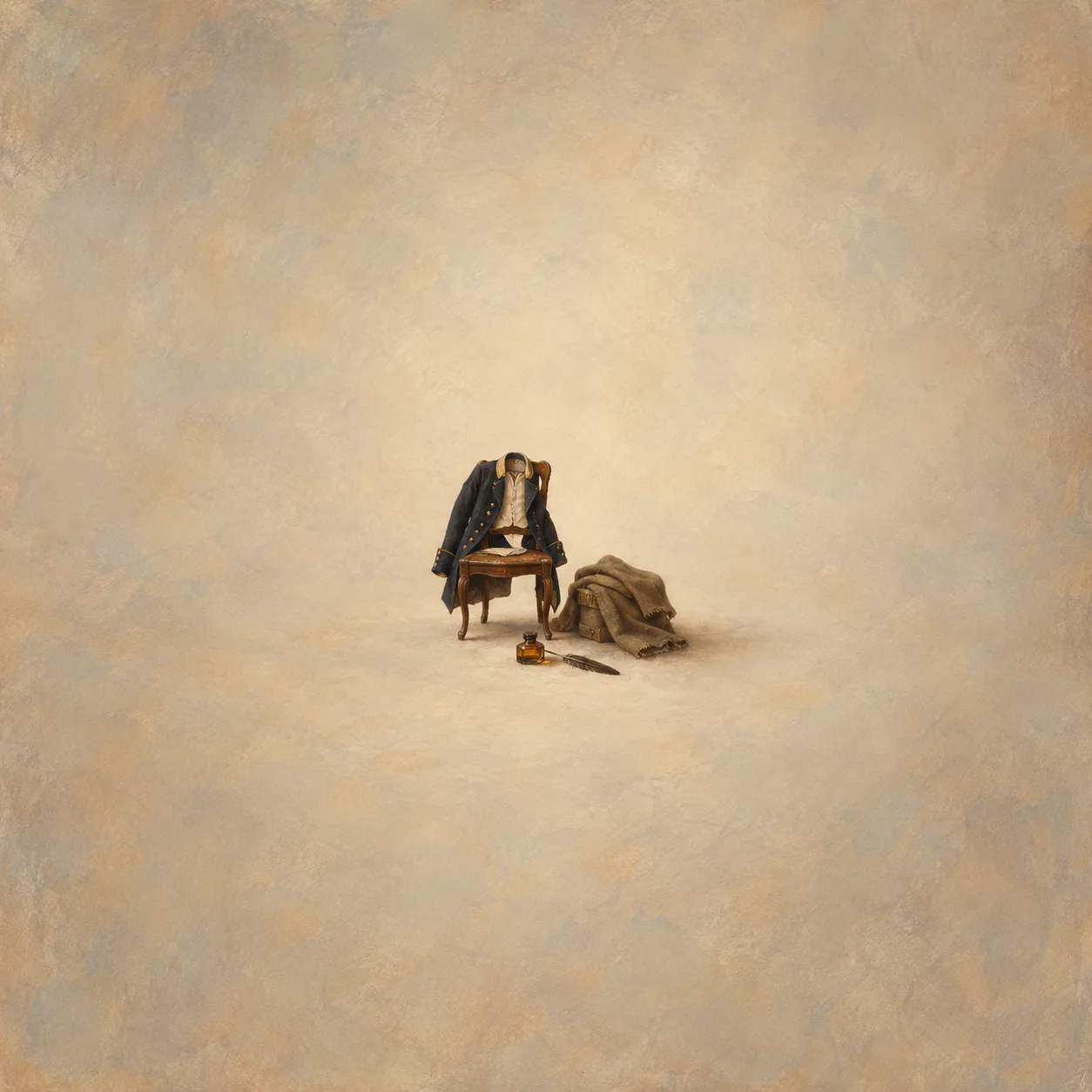 Formal coat draped over a miniature chair beside folded rough cloak
