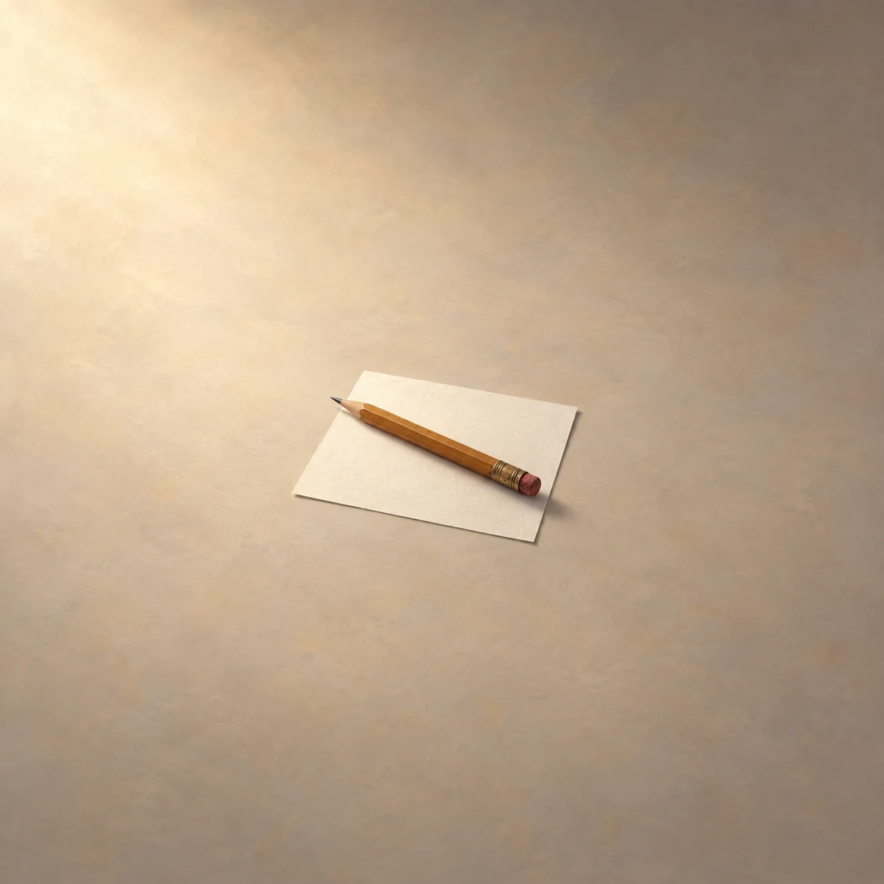 Painterly wooden pencil with a worn pink eraser lying across blank cream paper in warm light.
