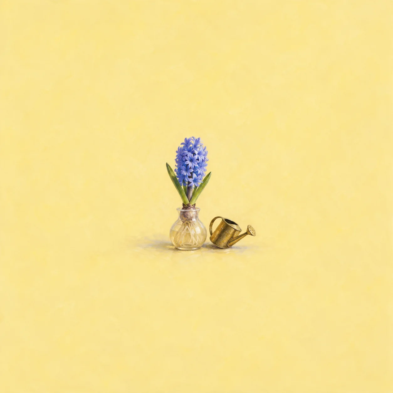 A blue hyacinth in a glass bulb vase beside a tiny brass watering can on a pale yellow background.